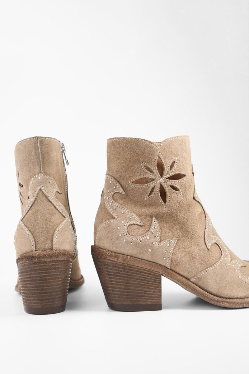 AUSTIN almond-beige suede embellished texan boots.