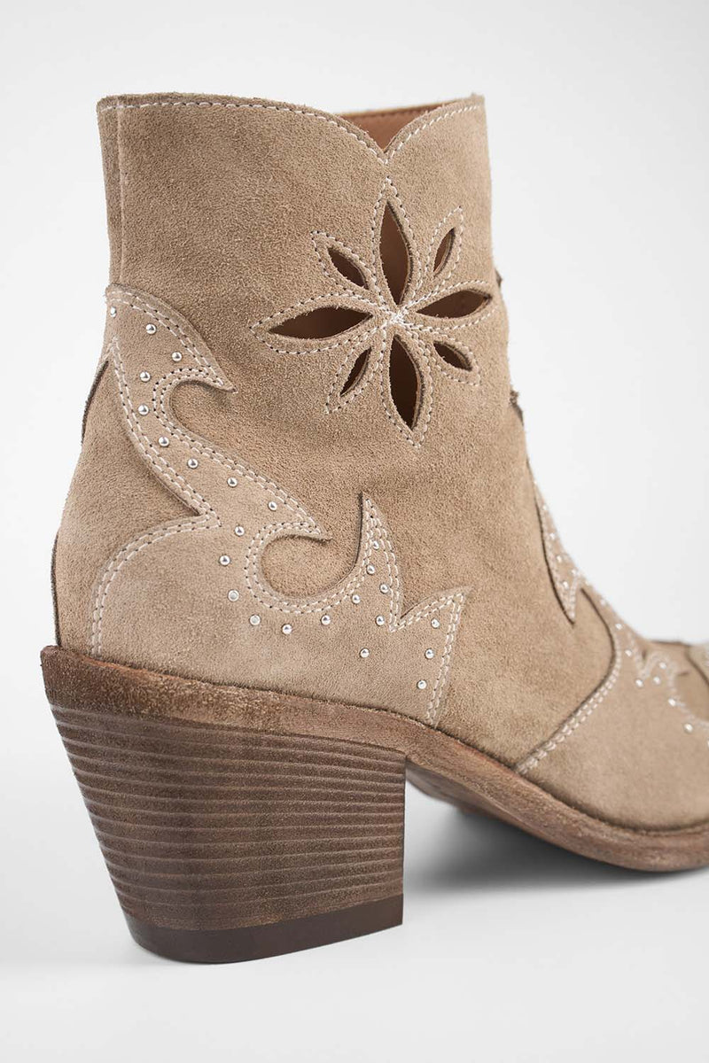 AUSTIN almond-beige suede embellished texan boots.