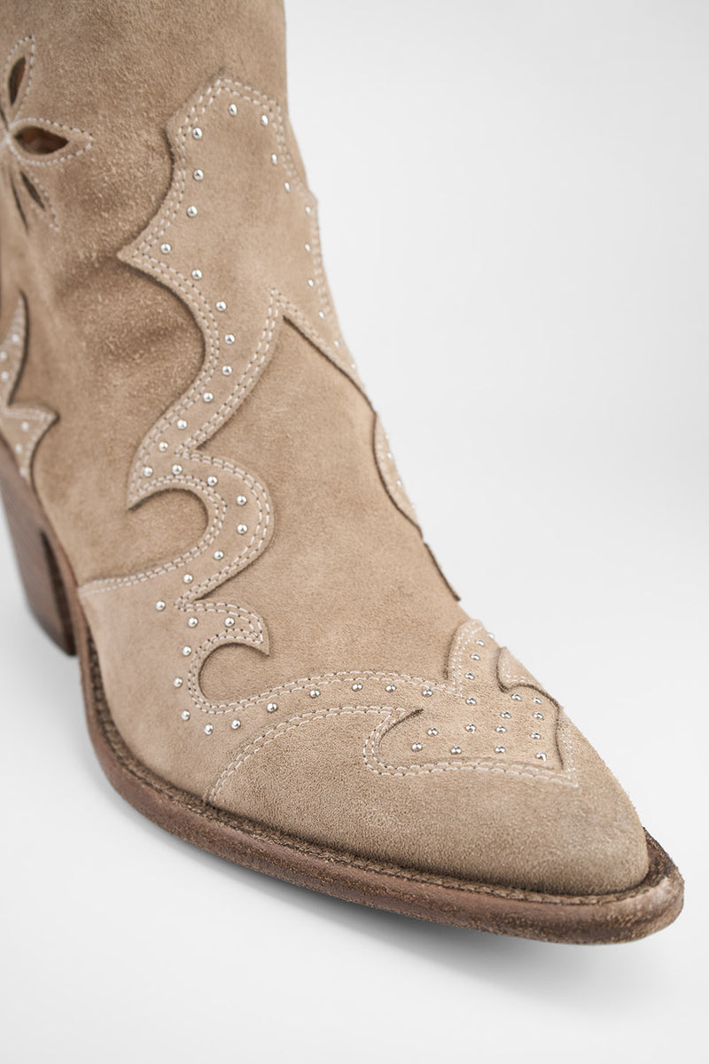 AUSTIN almond-beige suede embellished texan boots.