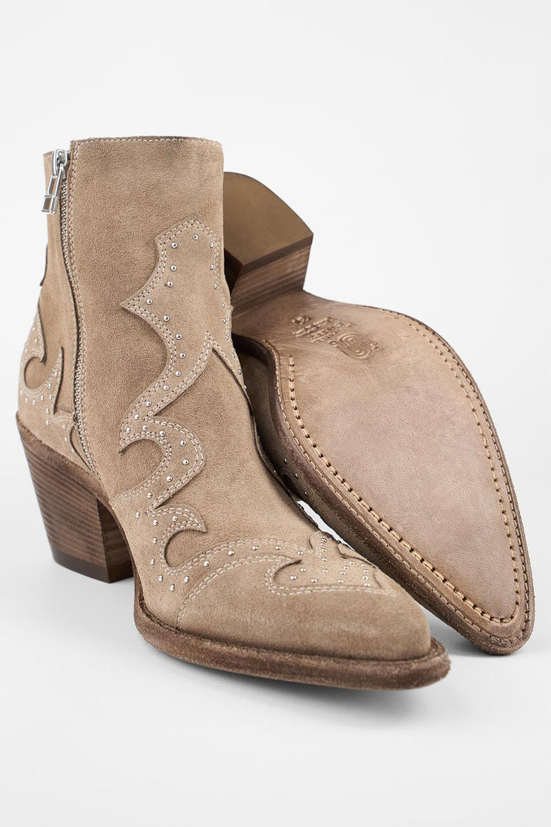 AUSTIN almond-beige suede embellished texan boots.