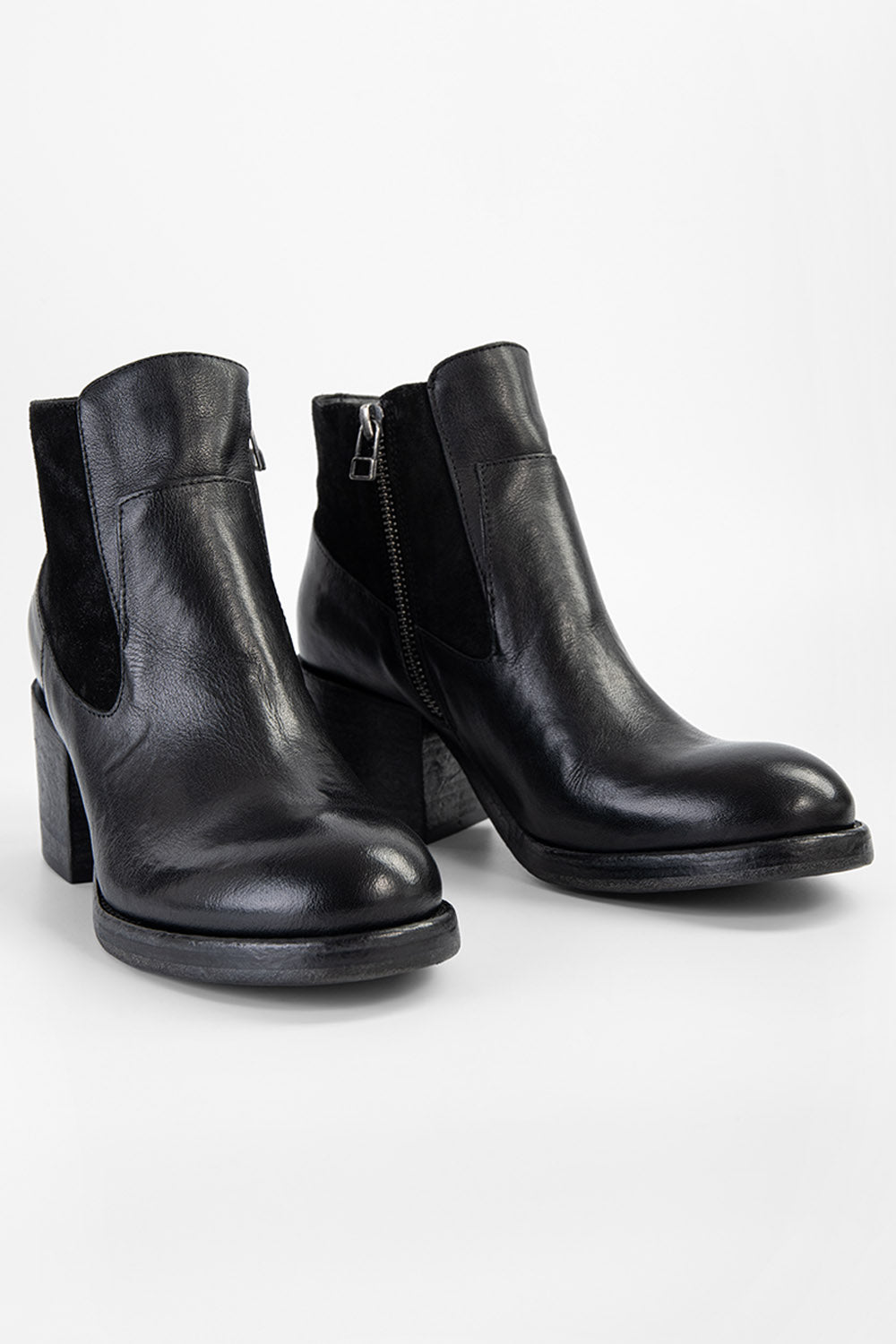 BERKELEY charcoal-black mid heel low boots.