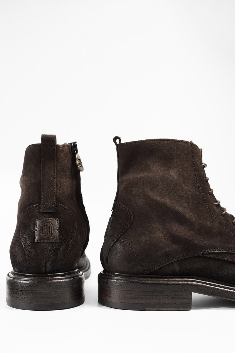 BOLTON tobacco-brown suede layered lace up boots.