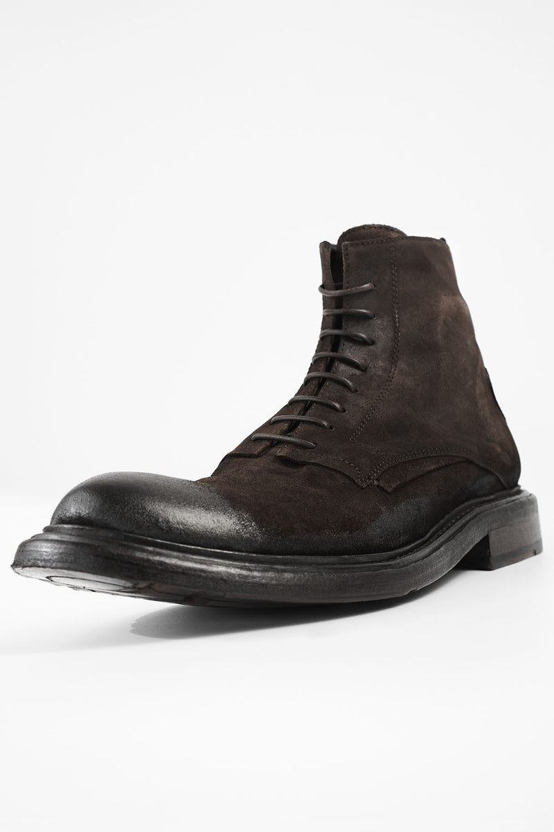 BOLTON tobacco-brown suede layered lace up boots.