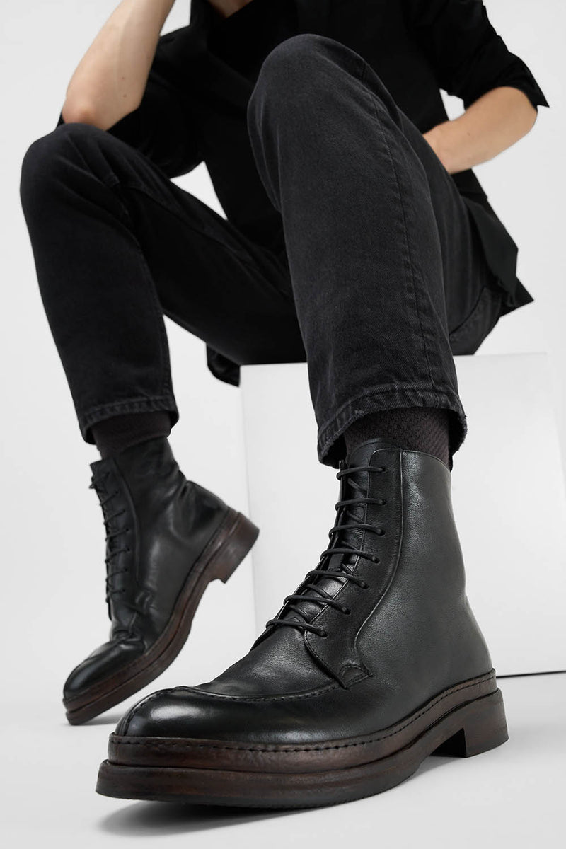 LAMBETH jet-black welted lace up boots.