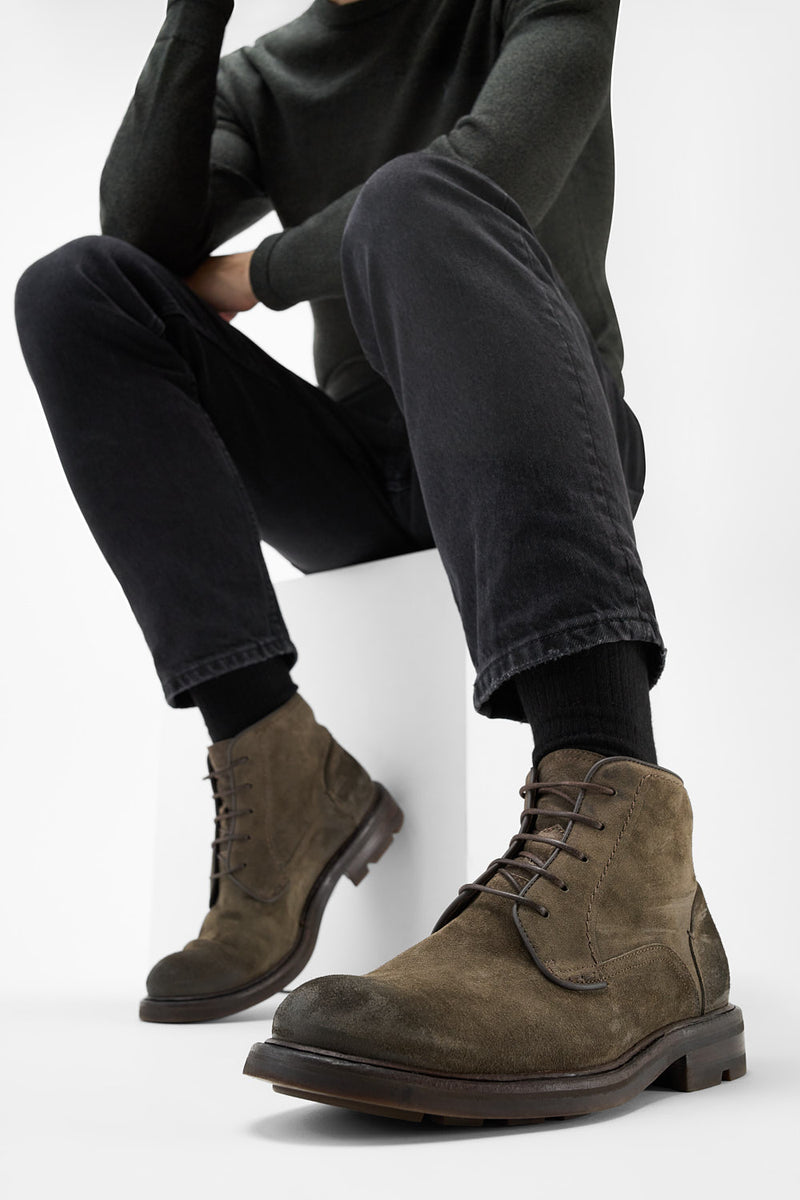 LENNOX dark-moss suede ankle boots.