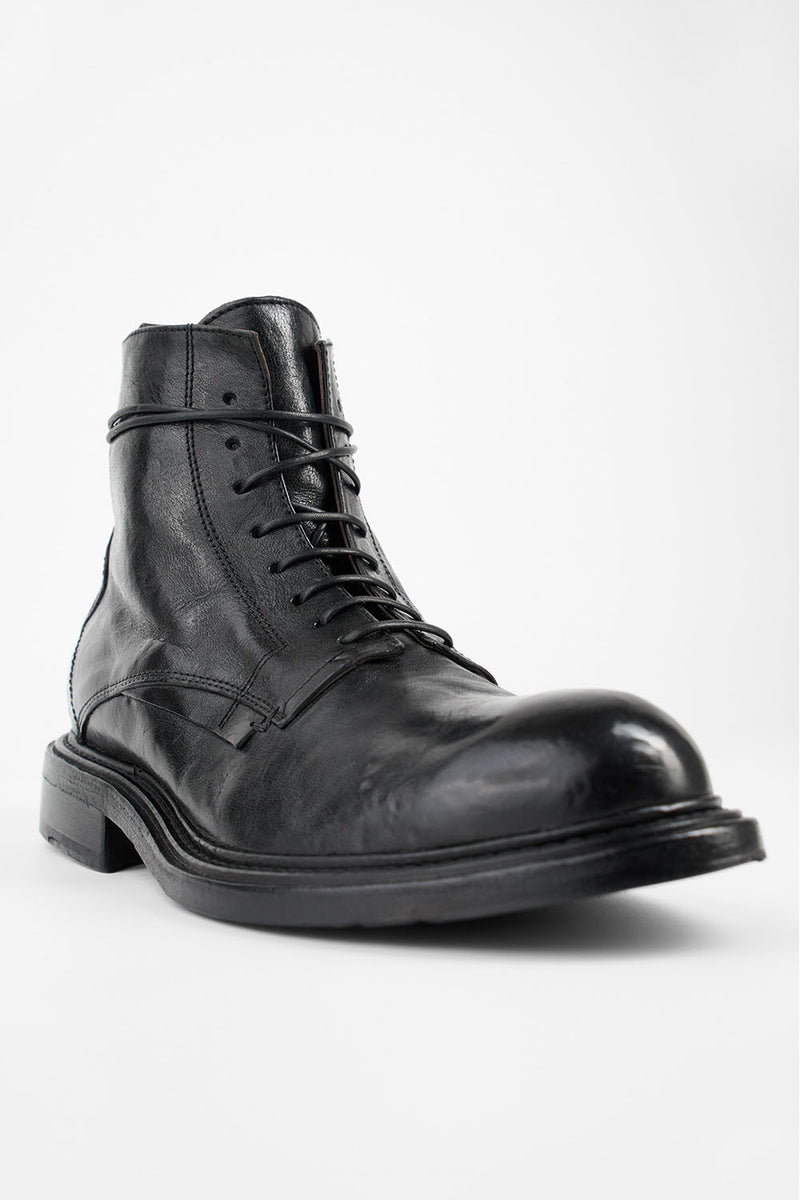 BOLTON limo-black layered lace up boots.