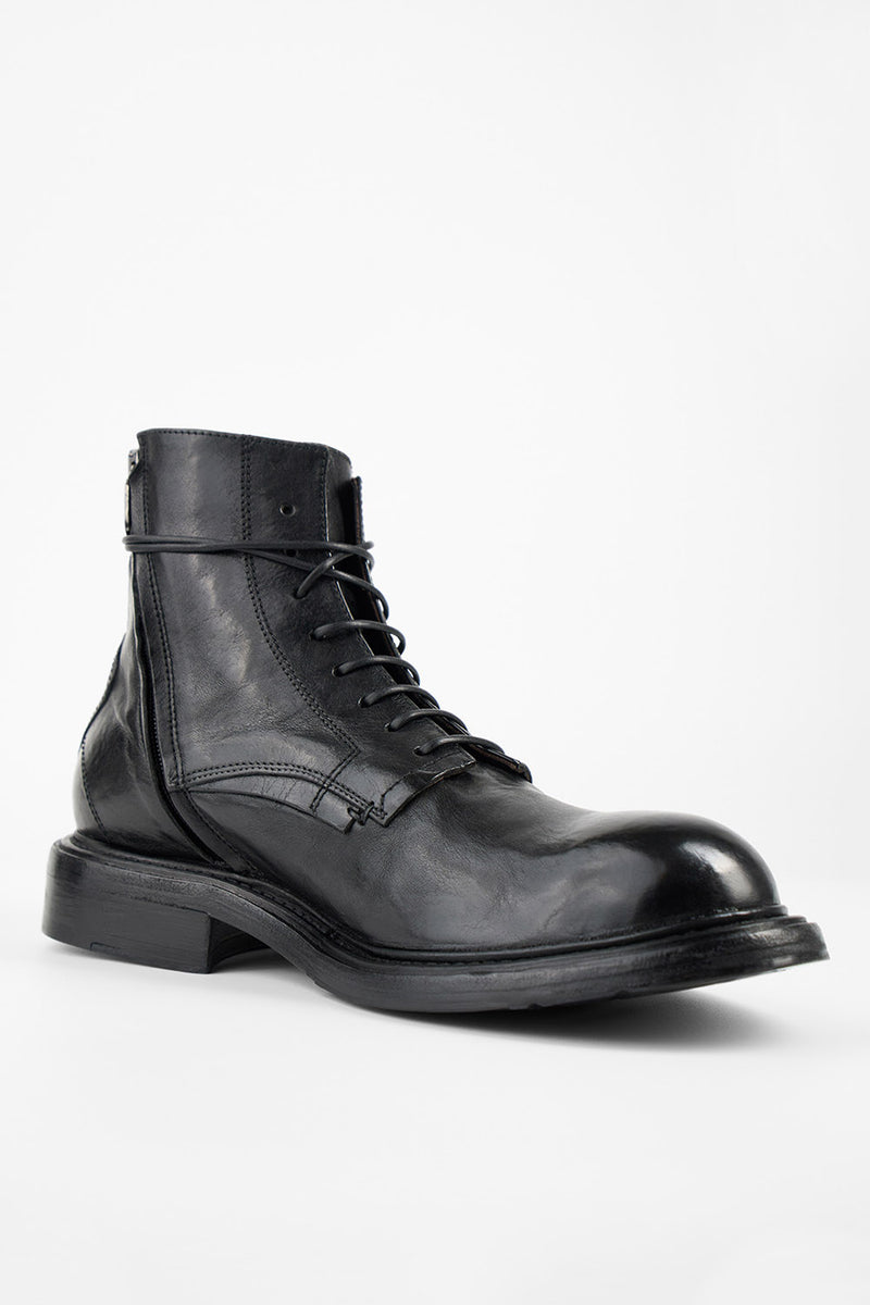 BOLTON limo-black layered lace up boots.