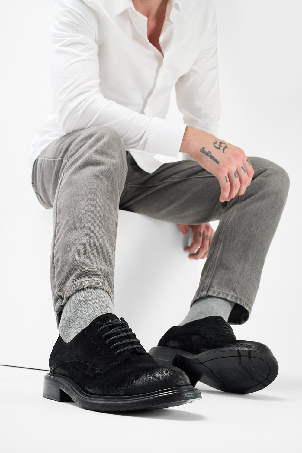 BOLTON ink-black suede layered derby shoes.