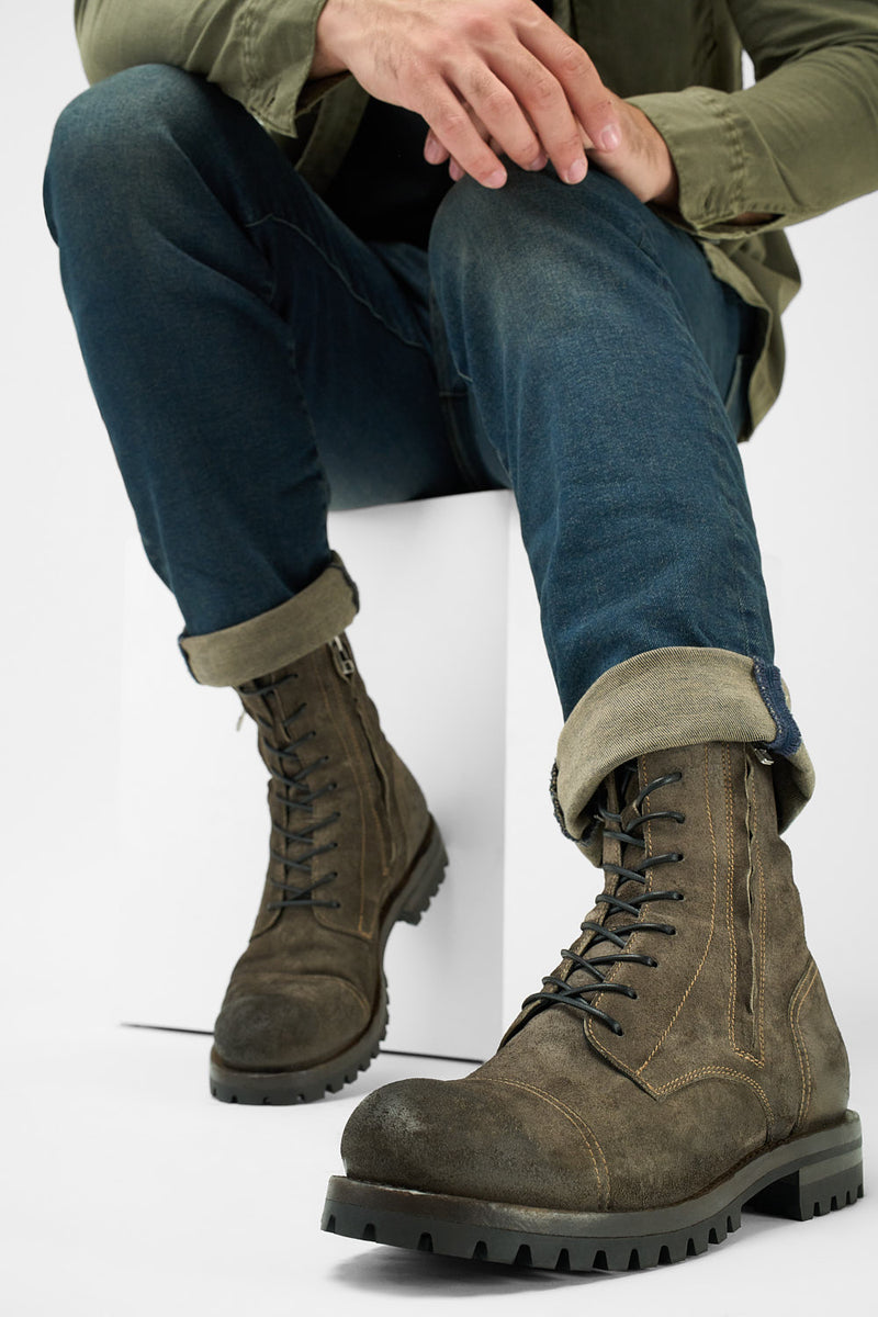 CAMDEN dark-moss double-zip suede military boots.