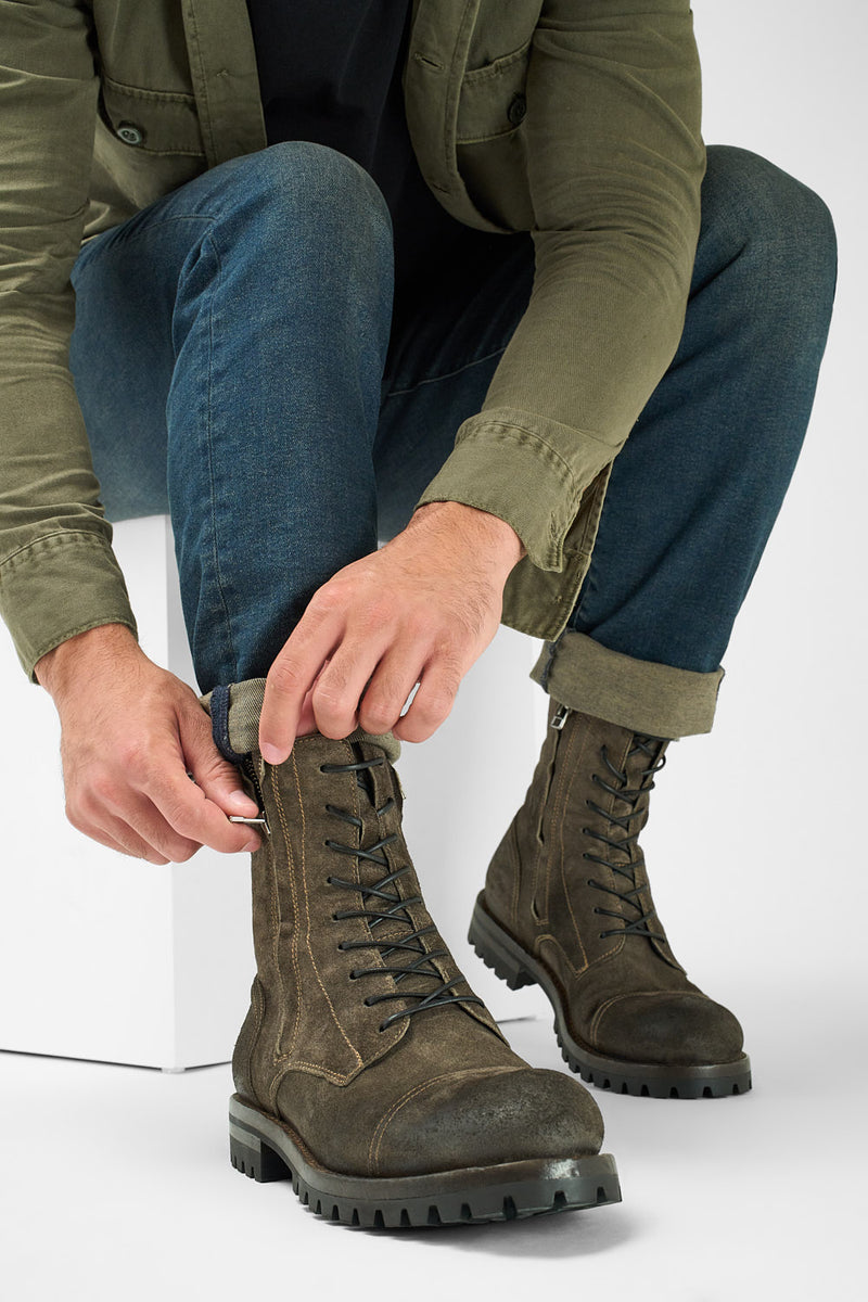 CAMDEN dark-moss suede double-zip military boots.