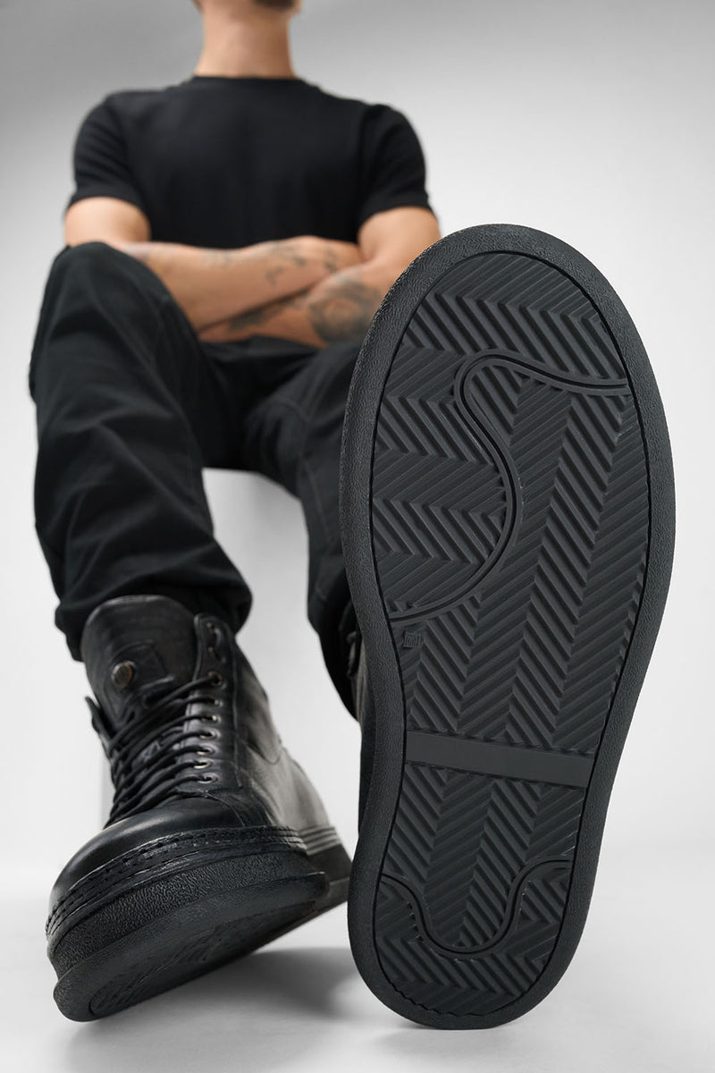 COLE rugged-black welted distressed high sneakers.