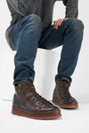 COLE dark-cocoa double-zip welted distressed high sneakers.