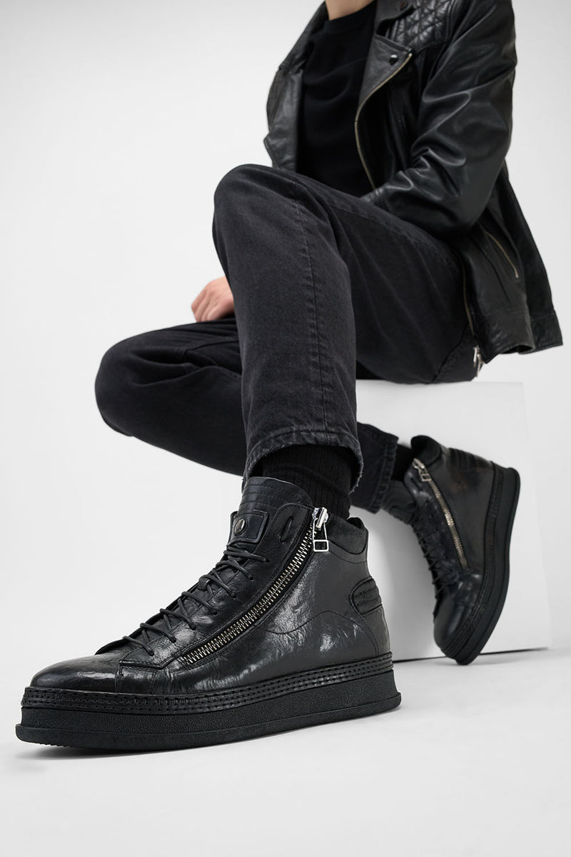 COLE rugged-black double-zip welted high sneakers.