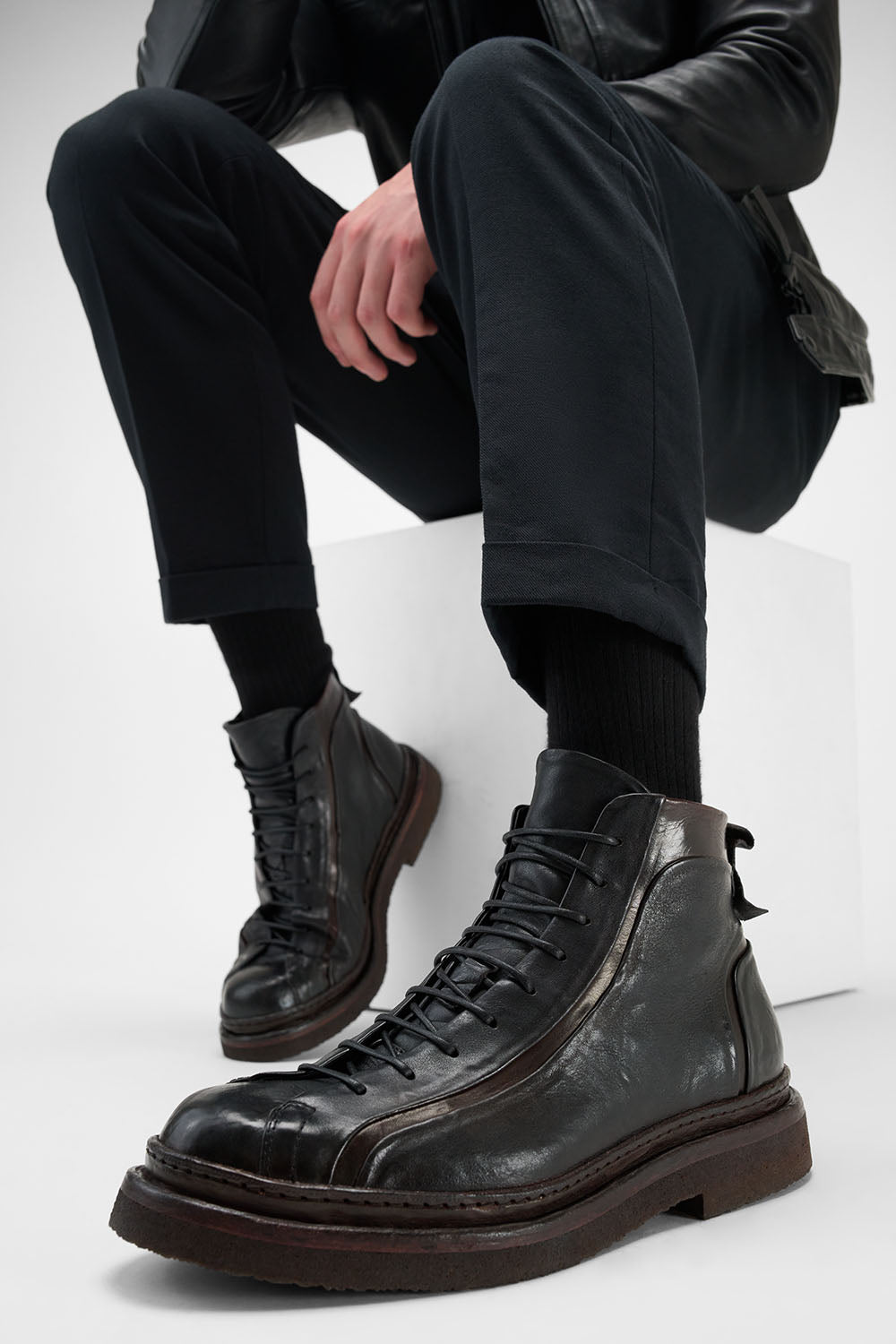 HOVE jet-black welted lace up boots.