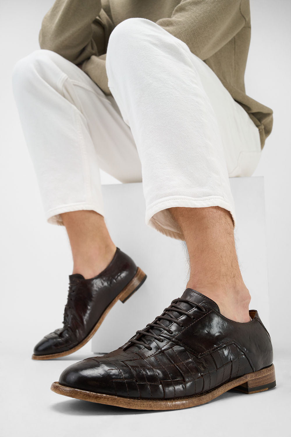 PARKER dark-cocoa woven leather oxford shoes.