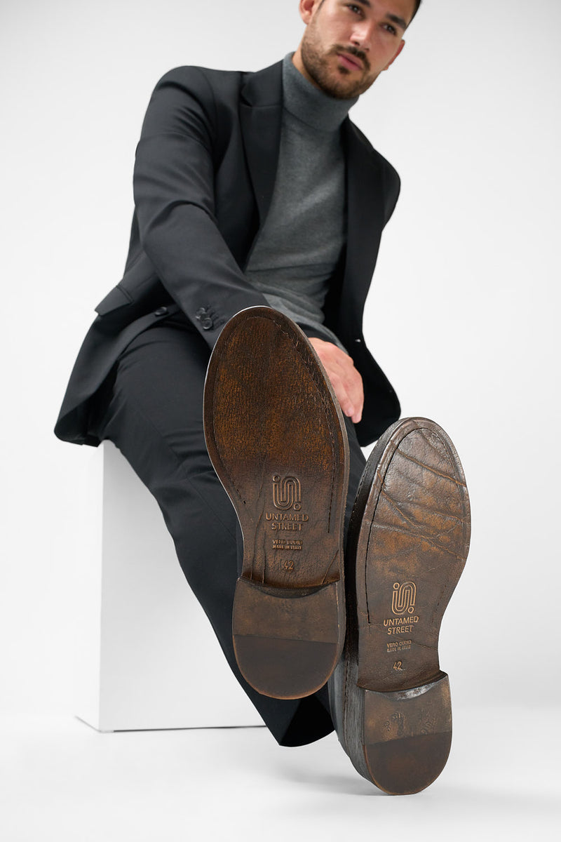 YALE tuxedo-black welted derby shoes.