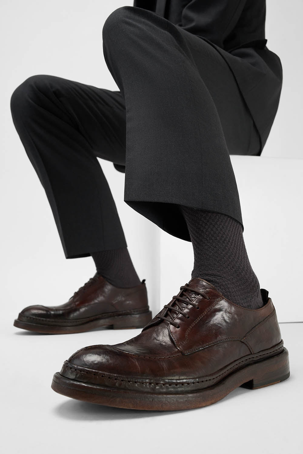 YORK dark-cocoa welted apron derby shoes.