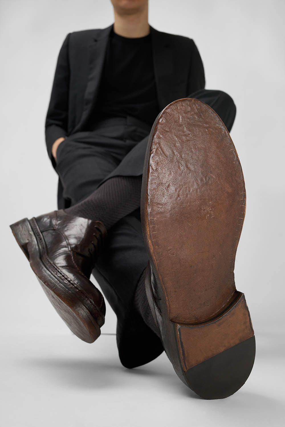 YORK dark-cocoa welted apron derby shoes.