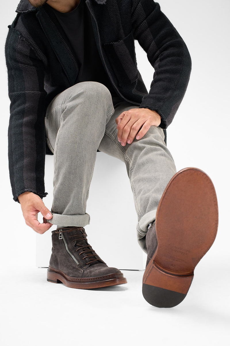 YORK lava-grey suede welted chukka boots.