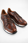 OWEN cocoa-brown triple stitched wingtip patina runners.