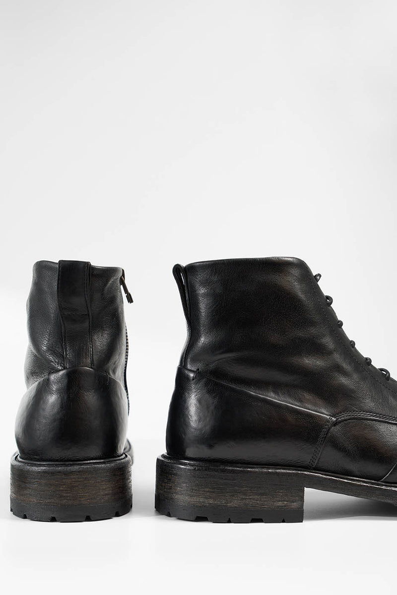 ROWLEY coal-black folded lace up boots.