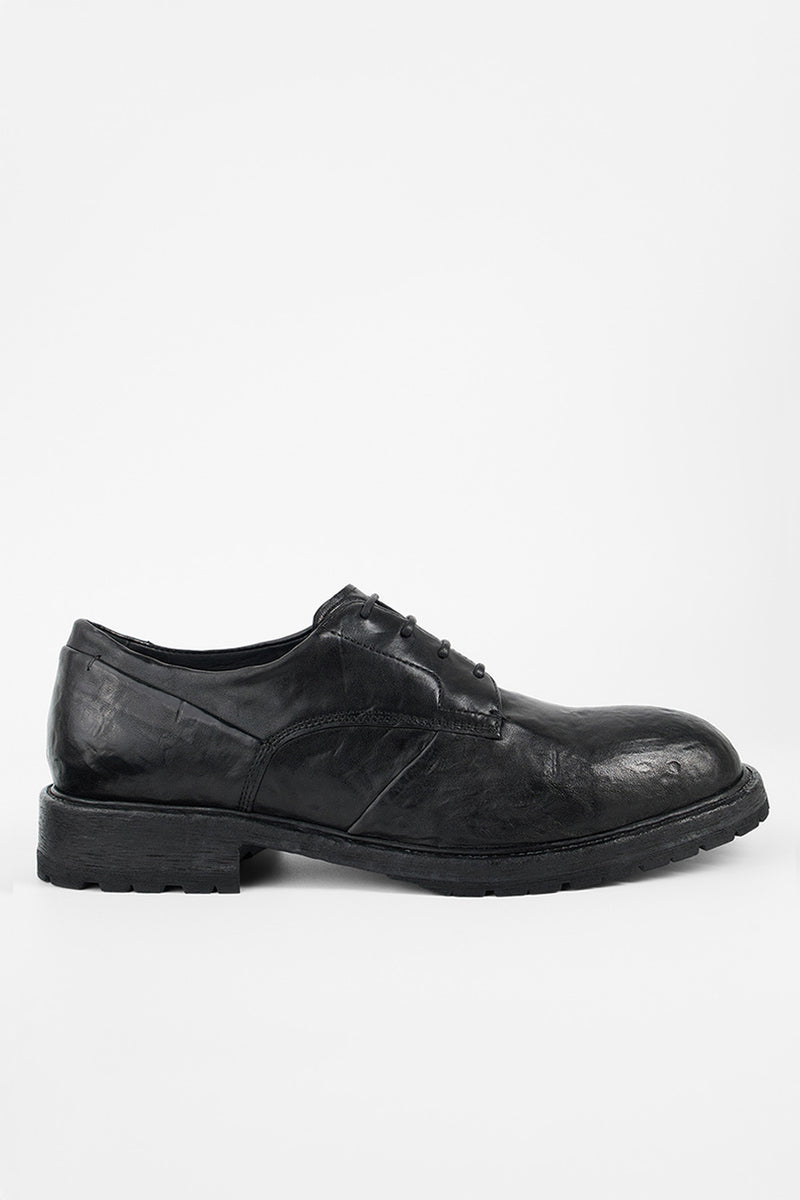 ROWLEY coal-black folded derby shoes.