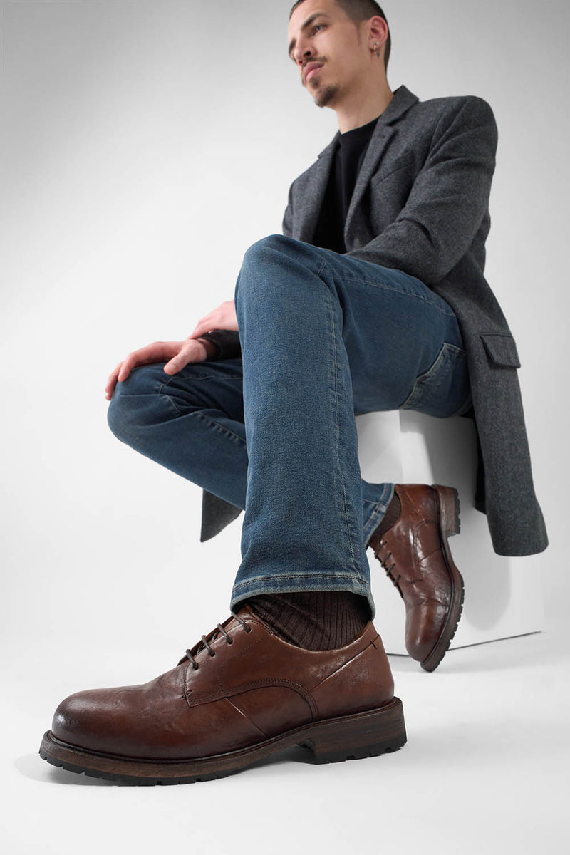 ROWLEY cognac folded derby shoes.
