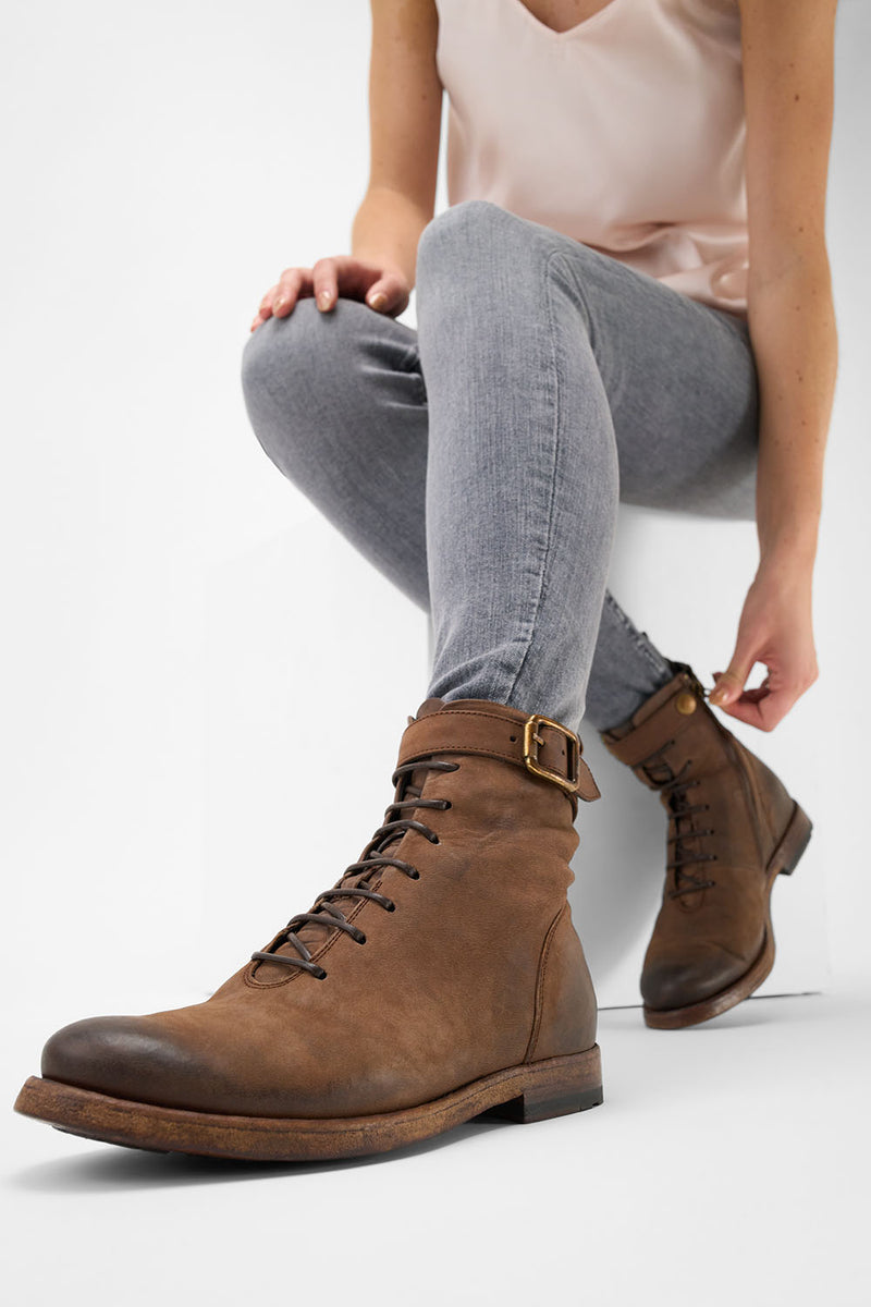 SLOANE chocolate lace up buckle boots.