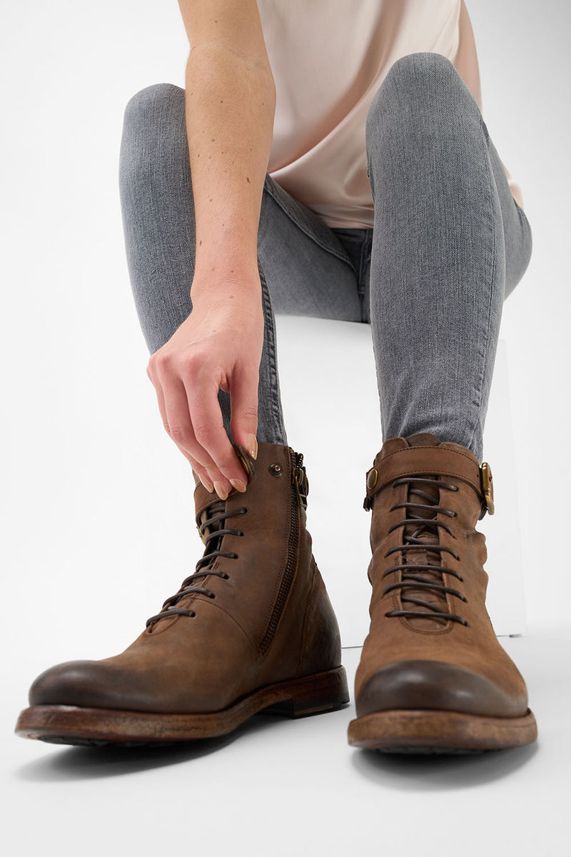 SLOANE chocolate lace up buckle boots.