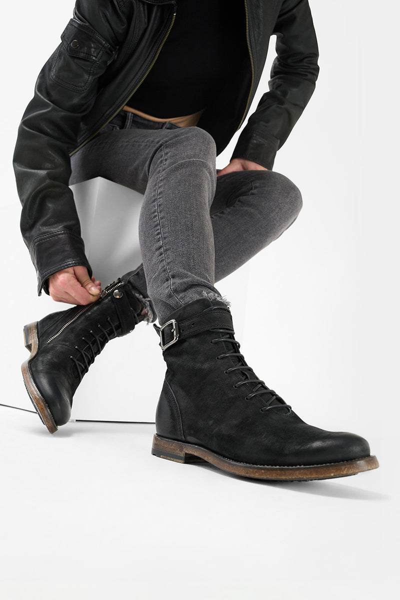 SLOANE matte-black lace up buckle boots.