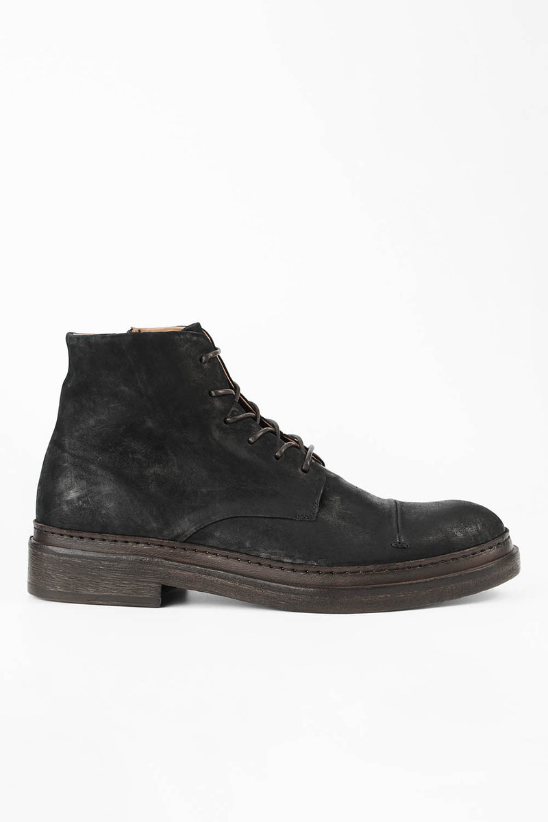 YALE distressed-black welted derby lace up boots.