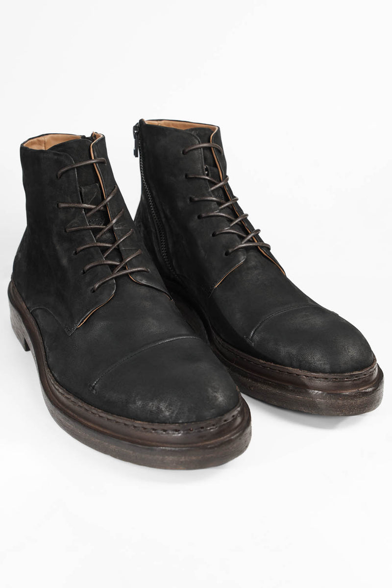 YALE distressed-black welted derby lace up boots.