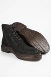 YALE distressed-black welted derby lace up boots.