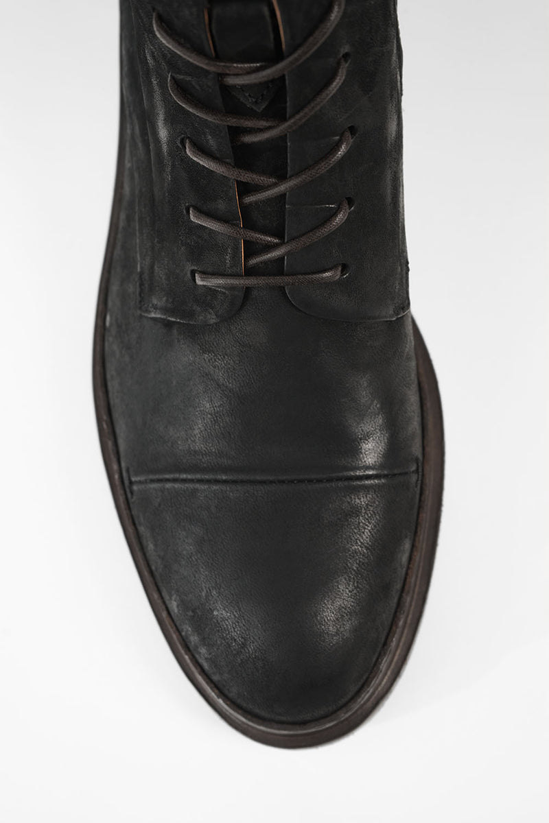 YALE distressed-black welted derby lace up boots.