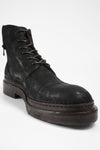 YALE distressed-black welted derby lace up boots.