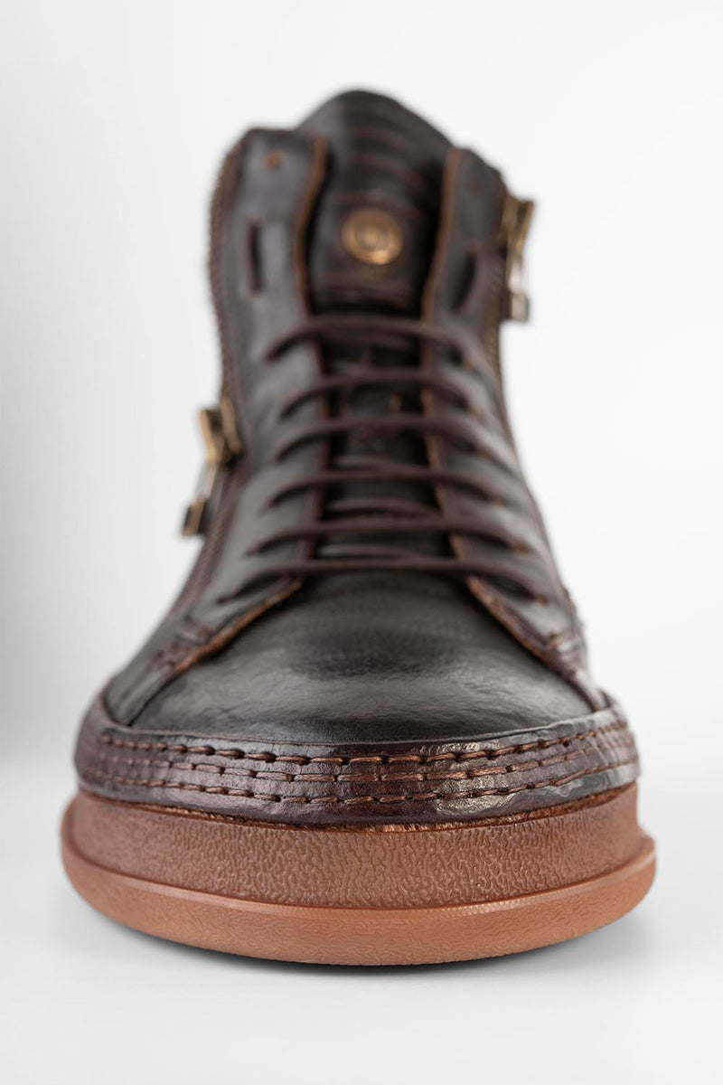 COLE dark-cocoa welted distressed high sneakers | untamed street 