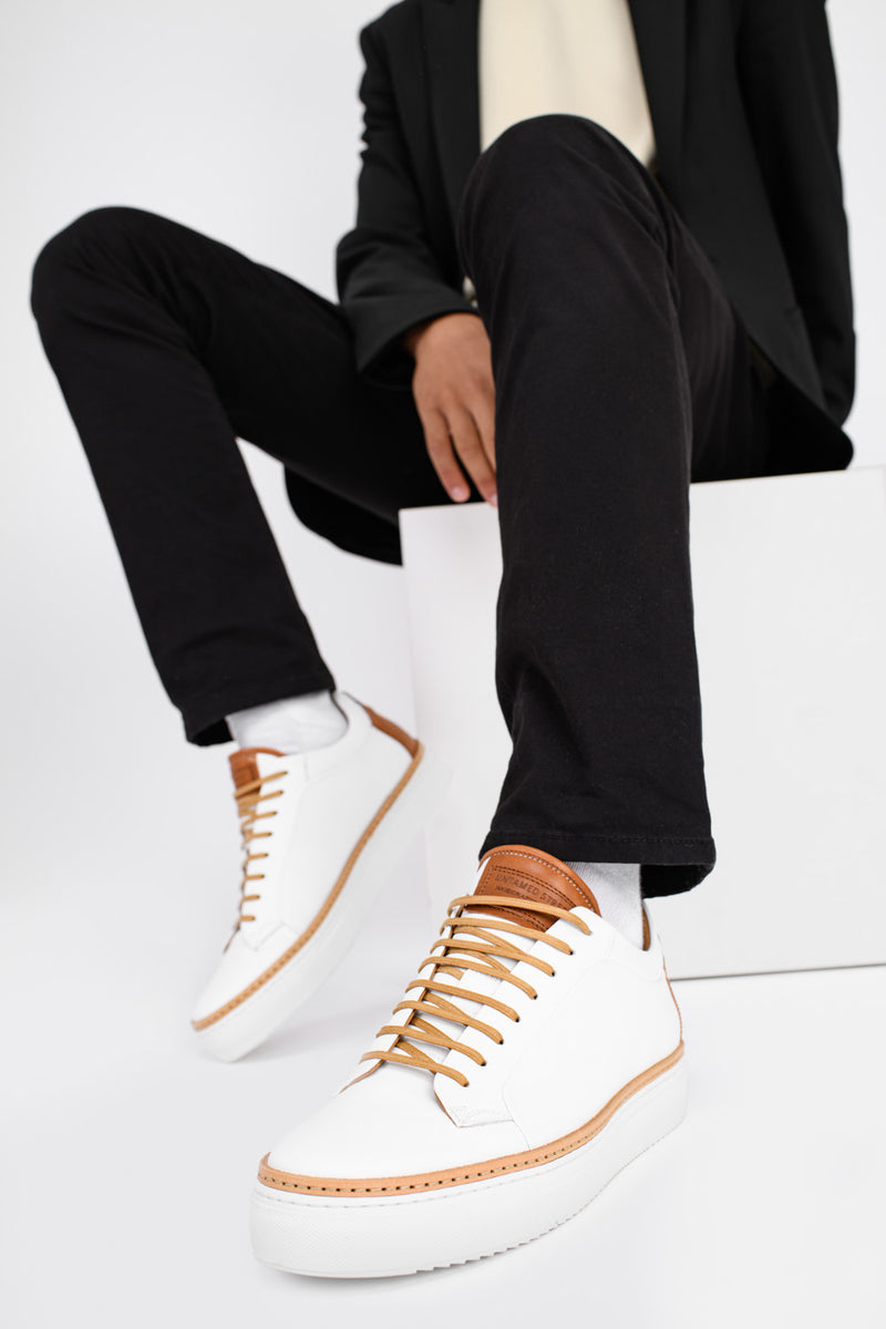 Men & Women's White Calfskin With Black Details On Time Sneaker
